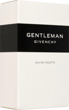 Białe opakowanie Givenchy Gentleman Eau de Toilette z czarnym pasem, widok przód/bok. Widoczne napisy Gentleman Givenchy.