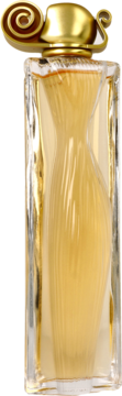 Woda perfumowana Givenchy Organza dla kobiet, butelka z rzeźbionym wzorem i złotą, spiralną zakrętką.