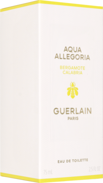 Białe pudełko Guerlain Aqua Allegoria Bergamote Calabria EDT z żółtym napisem i logo pszczoły, widok pod kątem.