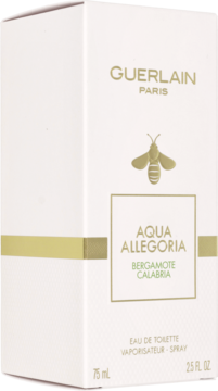 Białe pudełko perfum Guerlain Aqua Allegoria Bergamote Calabria EDT, złote logo pszczoły, widok z przodu.