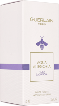 Białe opakowanie Guerlain Aqua Allegoria Flora Salvaggia EDT z fioletowym pasem i logo pszczoły, widok z przodu i boku.