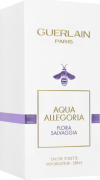 Białe pudełko Guerlain Aqua Allegoria Flora Salvaggia, woda toaletowa, ze złotym logo i pszczołą, widok z przodu.