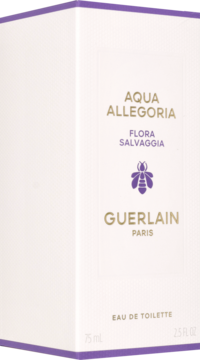 Białe pudełko Guerlain Aqua Allegoria Flora Salvaggia Eau de Toilette 75 ml, z fioletowym logo pszczoły, widok pod kątem.