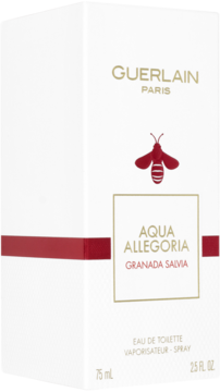 Białe pudełko perfum Guerlain Aqua Allegoria Granada Salvia EDT 75 ml, z przodu, z czerwonym logo pszczoły i złotymi napisami.