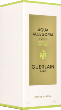 Białe pudełko perfum Guerlain Aqua Allegoria Forte Nerolia Vetiver 75ml, z przodu złota etykieta z pszczołą.