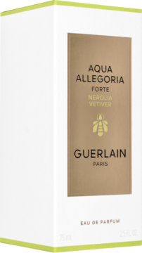 Guerlain Aqua Allegoria Forte Nerolia Vetiver, białe pudełko EDP, złoty panel, logo pszczoły. Z boku.