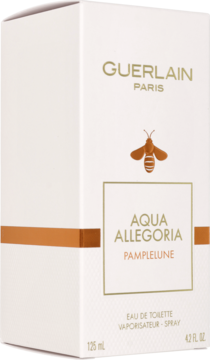 Białe pudełko Guerlain Aqua Allegoria Pamplelune EDT 125 ml ze złotą pszczołą, widok z przodu pod kątem.