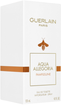Białe pudełko Guerlain Aqua Allegoria Pamplelune EDT 125 ml, widok z przodu pod kątem, złote logo pszczoły.