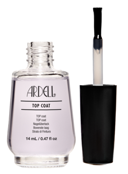 Ardell Top Coat: butelka z przezroczystym płynem, czarna nakrętka i pędzelek obok, do utrwalania paznokci.