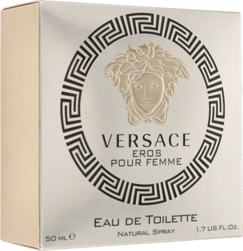 Beżowe opakowanie Versace Eros Pour Femme 50 ml Eau de Toilette, z metalicznym logo Meduzy, widok pod kątem.