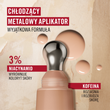 Korektor Rimmel Multi Tasker z metalowym aplikatorem, beżowa butelka, widoczne krople, zawiera niacynamid i kofeinę.