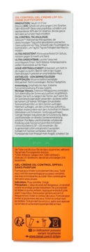 Tył opakowania La Roche-Posay Anthelios Oil Control SPF50+, biało-pomarańczowe, z opisem po niemiecku i francusku.