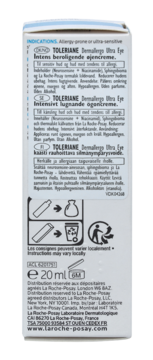 Bok opakowania kremu La Roche-Posay Toleriane Dermallergo Eye 20ml, z napisami i symbolami.