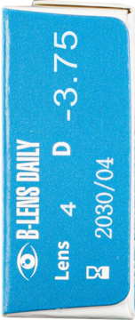 Niebieskie opakowanie soczewek B-Lens Daily, moc -3.75, 4 sztuki, widok boczny, tekst pionowo.