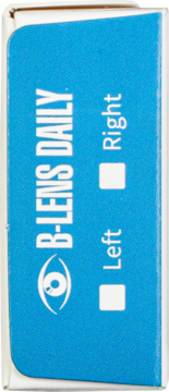 Niebieskie opakowanie soczewek B-LENS DAILY z białym napisem i symbolami Left/Right, widok z boku.
