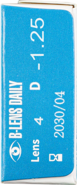 Niebieskie opakowanie dziennych soczewek B-Lens Daily, widok z boku z mocą -1.25.