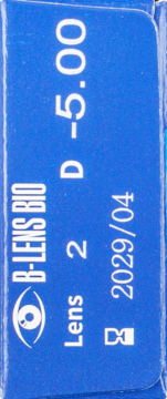 Niebieskie opakowanie soczewek B-Lens Bio, z białymi napisami: Lens 2, moc -5.00, data 2029/04.