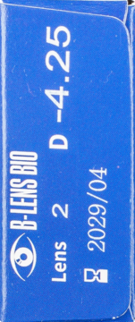 B-Lens Bio, niebieskie opakowanie 2 szt. miesięcznych soczewek, moc D -4.25, widok z boku.