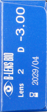 Niebieskie opakowanie soczewek B-lens Bio -3.00, widok z boku, z datą ważności 2029/04.