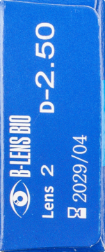 Niebieskie pudełko soczewek B-LENS BIO miesięcznych, moc D-2.50, widok z boku, napis Lens 2.