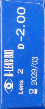 Niebieskie opakowanie soczewek B-lens Bio -2.00, biały tekst 'Lens 2' i 'D -2.00', widok z boku.