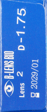Niebieskie opakowanie soczewek kontaktowych B-lens Bio z logo oka, moc -1.75, 2 sztuki, widok z przodu.
