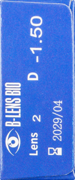 Niebieskie opakowanie soczewek kontaktowych B-LENS BIO o mocy D -1.50, widok z boku z białym tekstem.