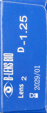 Zbliżenie na niebieskie opakowanie soczewek B-lens Bio, moc D -1.25, tekst "Lens 2", data 2029/01.