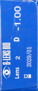 Niebieskie opakowanie miesięcznych soczewek B-lens Bio, moc -1.00, 2 sztuki, widok z przodu.