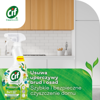 Cif 3w1 Zielona Herbata i Eukaliptus, biały spray na tle kuchni z drewnianymi szafkami i zieloną grafiką.