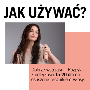 Kobieta spryskuje wilgotne, długie włosy sprayem Schwarzkopf Taft x Gliss Lovely Long, instrukcje.