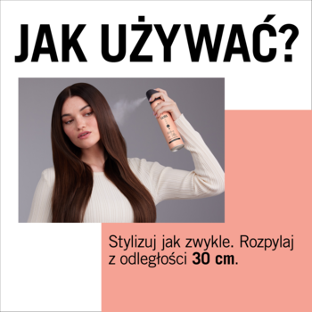 Kobieta używa lakieru Schwarzkopf Taft x Gliss Holding me Strongly na długie, brązowe włosy, rozpylając z 30 cm.