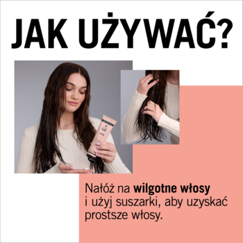 Jak używać kremu Taft x Gliss: kobieta aplikuje produkt na wilgotne włosy, susząc je suszarką.
