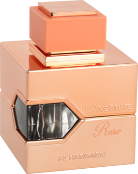 L'Aventure Rose Al Haramain, orientalno-kwiatowa woda perfumowana w metalicznej, różowozłotej butelce, ujęcie pod kątem.