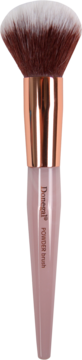 Donegal Mineral Pink powder brush, fluffy brown-white synthetic bristles, rose gold ferrule, pink handle. Front view.