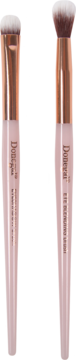 Donegal Mineral Pink eye makeup brush set: flat application and blending brushes, light pink handles, rose gold ferrules.