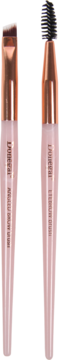 Zestaw pędzli Laveria Mineral Pink: kątowy do brwi i szczoteczka do rzęs, różowo-złote ferrulki, różowe uchwyty.
