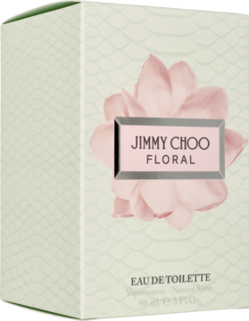 Jimmy Choo Floral Eau de Toilette 90ml w jasnozielonym pudełku z różowym kwiatem i logo, widok z przodu pod kątem.
