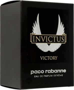 Czarny kartonik perfum męskich Invictus Victory Paco Rabanne, Eau de Parfum Extrême, z logo ze skrzydłami, widok z przodu.