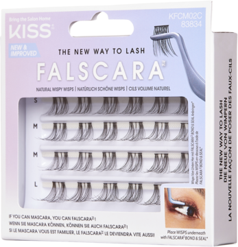 Fioletowe opakowanie Kiss Falscara Natural Wispy Wisps z kępkami rzęs S, M, L i detalami aplikacji, widok z przodu.