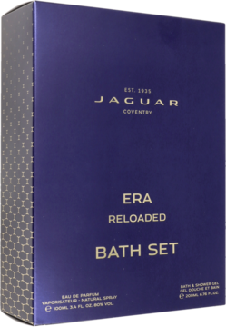 Zestaw Jaguar Era Reloaded Bath Set, perfumy męskie i żel, w ciemnofioletowym pudełku, widok pod kątem.