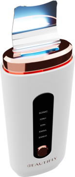 Beautifly B-Scrub PRO, białe urządzenie do peelingu kawitacyjnego z różowozłotymi detalami i niebieskim światłem.