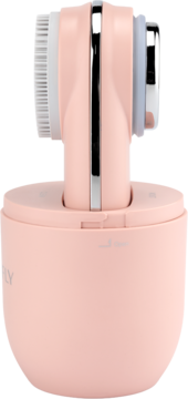 Różowa szczoteczka soniczna Fresh Duo Care Blush 2w1, wykonana z silikonu, widok z boku, pionowo. Widoczne białe włosie.