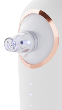 Zbliżenie na spiralną końcówkę urządzenia Beautifly B-Hydrapeel PRO, białe z różowo-złotym detalem i niebieskim światłem.