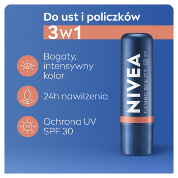 NIVEA Caring Beauty 3w1 pomadka do ust i policzków, nawilżająca z filtrem SPF30, pionowo na niebieskim tle.