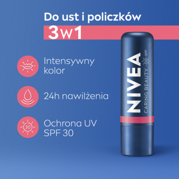 NIVEA Caring Beauty 3w1 Rose pomadka, granatowa, na usta/policzki, 24h nawilżenie, SPF 30. Front.