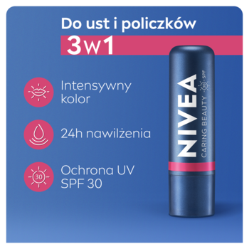 NIVEA Caring Beauty 3w1 pomadka w niebieskiej tubce z różowym dnem, obok ikon z cechami: kolor, nawilżenie, SPF.