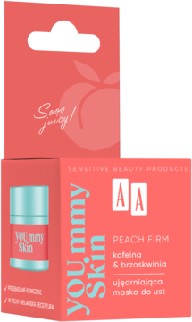 Maska do ust AA You.mmy Skin Peach Firm w brzoskwiniowym kartoniku z kofeiną i brzoskwinią. Widok z przodu, z zawieszką.