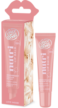 Różowy balsam do ust FaceBoom Nutri Cotton Candy w tubce i pasującym pudełku, widok przodem.