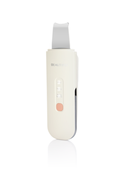 Biało-beżowe urządzenie do peelingu kawitacyjnego Beautifly Scrub Aqua Glow PRO, ze srebrną głowicą, widok z przodu.